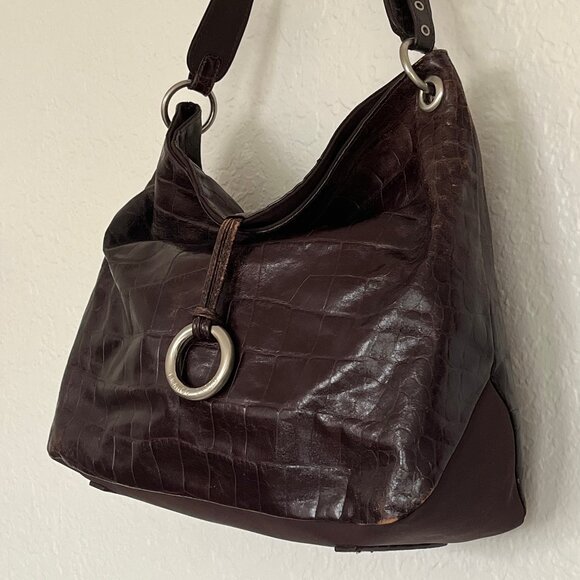 Franco Sarto Distressed Vegan Brown Glazed Embossed Croc Hobo Sholder Handbag - Picture 5 of 16